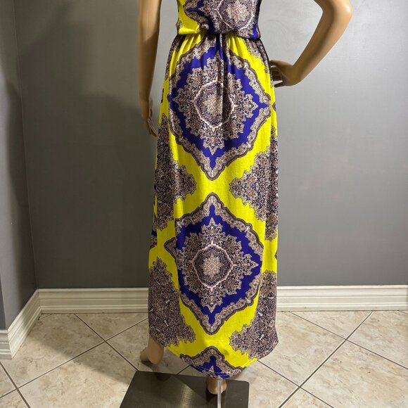 boohoo Baroque Maxi Dress 💛 yellow & royal blue racerback summer dress - Picture 7 of 8